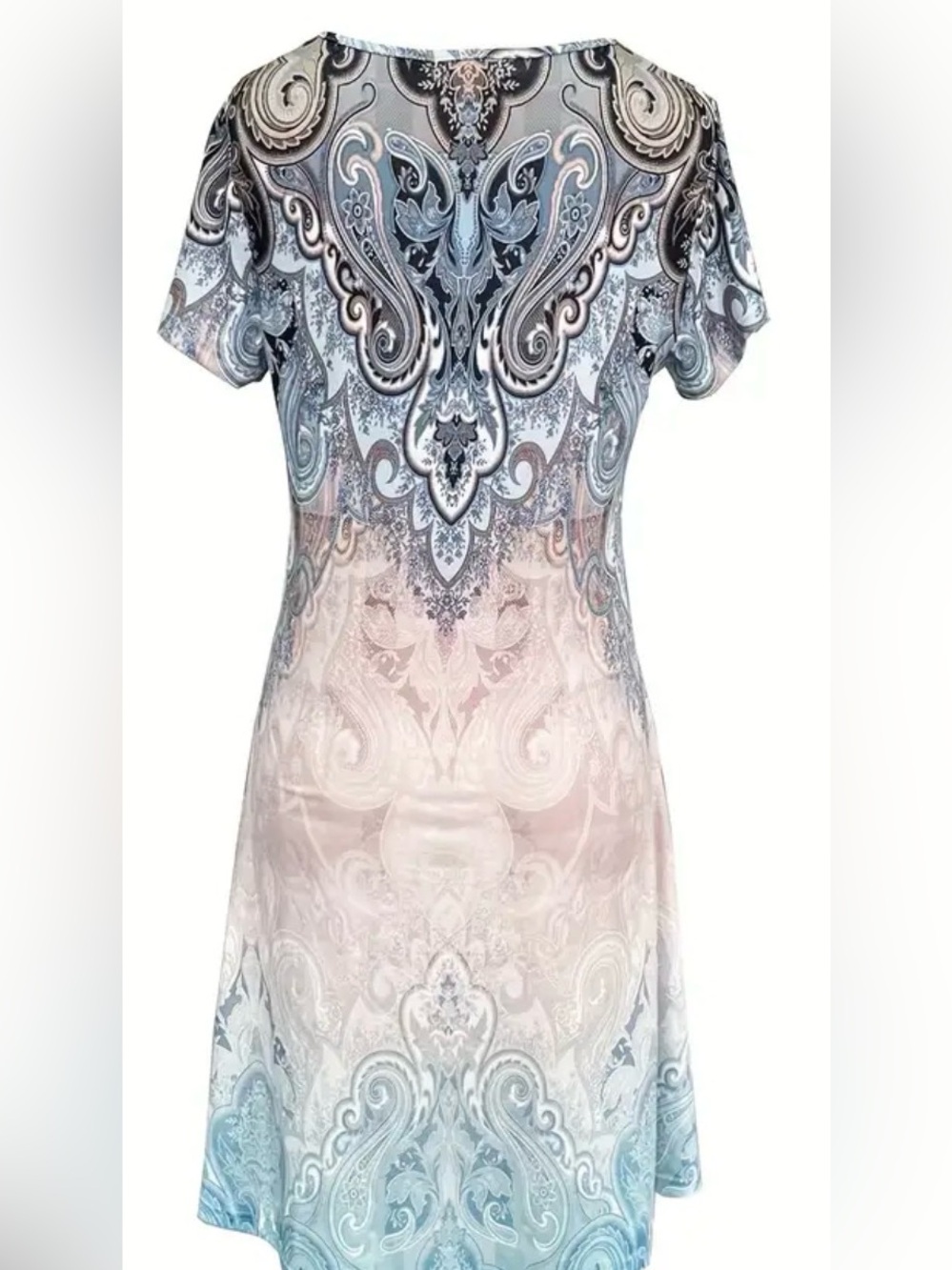 Paisley Scalloped V-Neck Dress Short Sleeve Gradient Blue & Pink Print Sz XXL - Picture 3 of 14